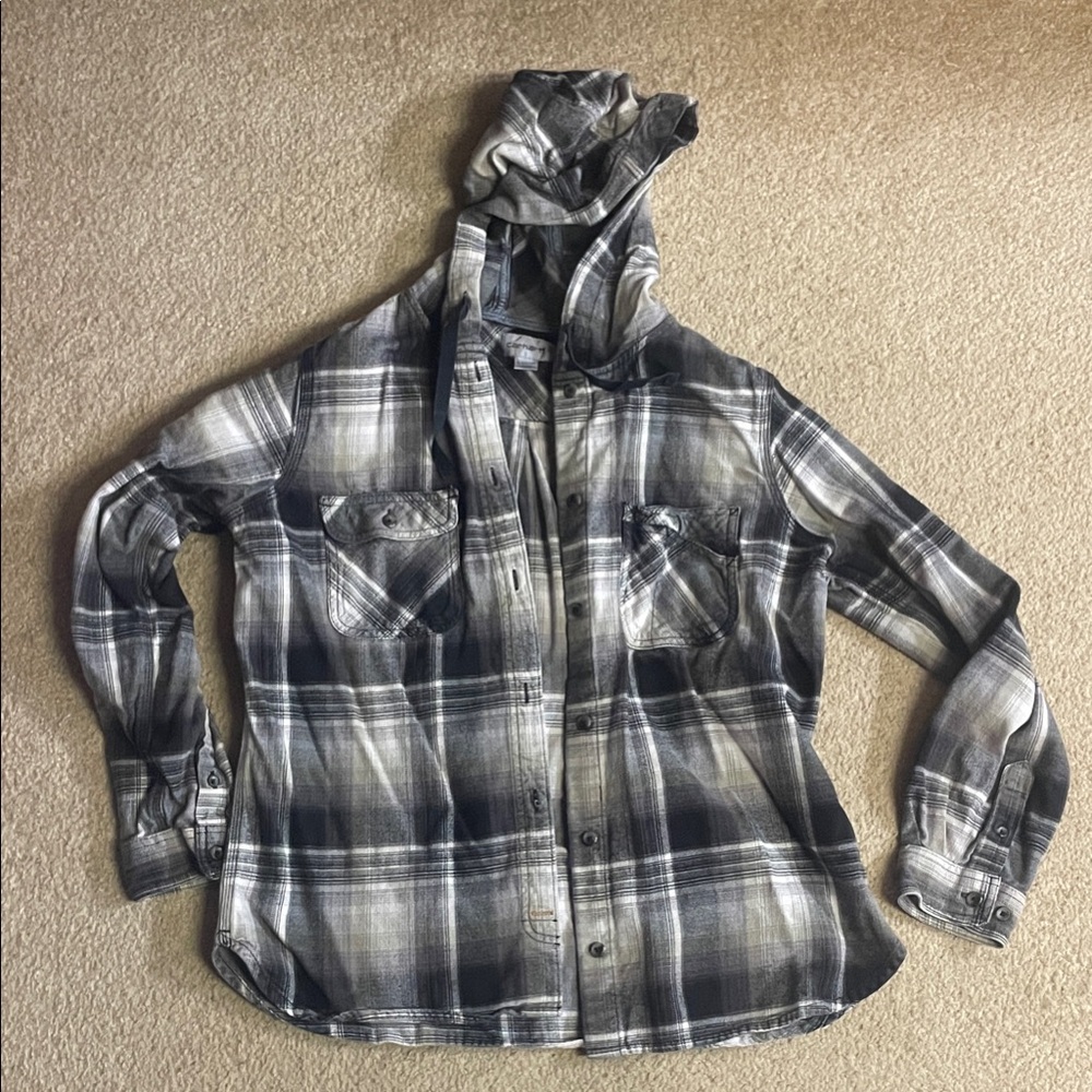 Carhartt Black and Gray Plaid Flannel Hoodie